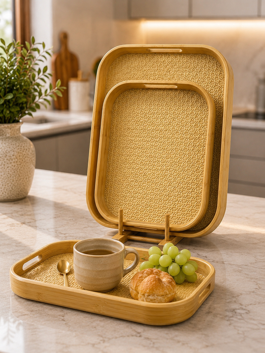 3pcs Bamboo Serving Tray Set,     Bamboo Serving & Display Tray Set,     Woven Design Bamboo Serving Trays, Natural Bamboo Breakfast & Serving Tray Set