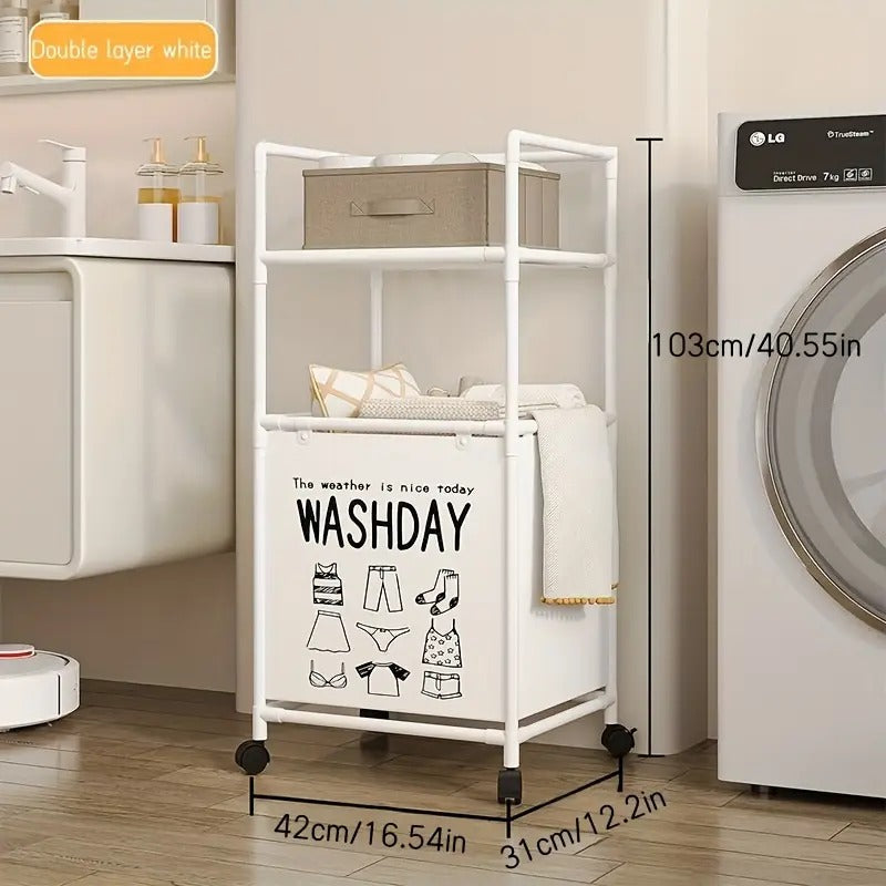 Compact Multilayers Storage Rack, Moveable Laundry Basket With Shelf, Multipurpose Organizer For Kitchen And Bathroom