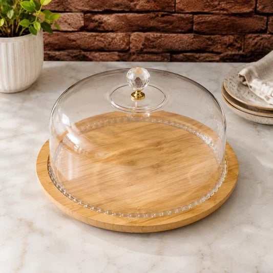 Transparent Cake Display Dome with Wooden Stand, Round Glass Food Display Cover, Decorative Glass Cloche, Food Display Cloche with Wooden Serving Tray