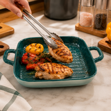 Ceramic Baking And Serving Tray, Deep Ceramic Baking Dish with Side Handles, Heavy Duty Ceramic Baking Tray with Raised Grill Ridges
