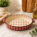 DANNY HOME 11-Inch Oval Ceramic Baking Dish with Handles | Red Pattern Oven-to-Table Casserole Bakeware