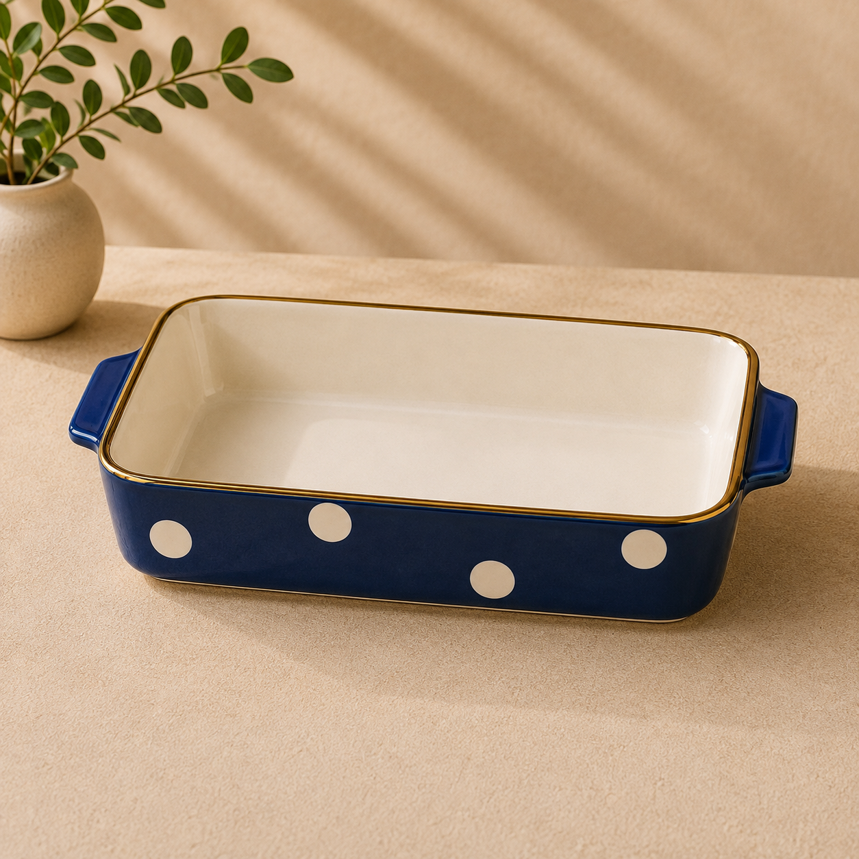 DANNY HOME 11.75-Inch Rectangular Ceramic Baking Dish with Handles | Blue Polka Dot Oven-to-Table Casserole & Bakeware