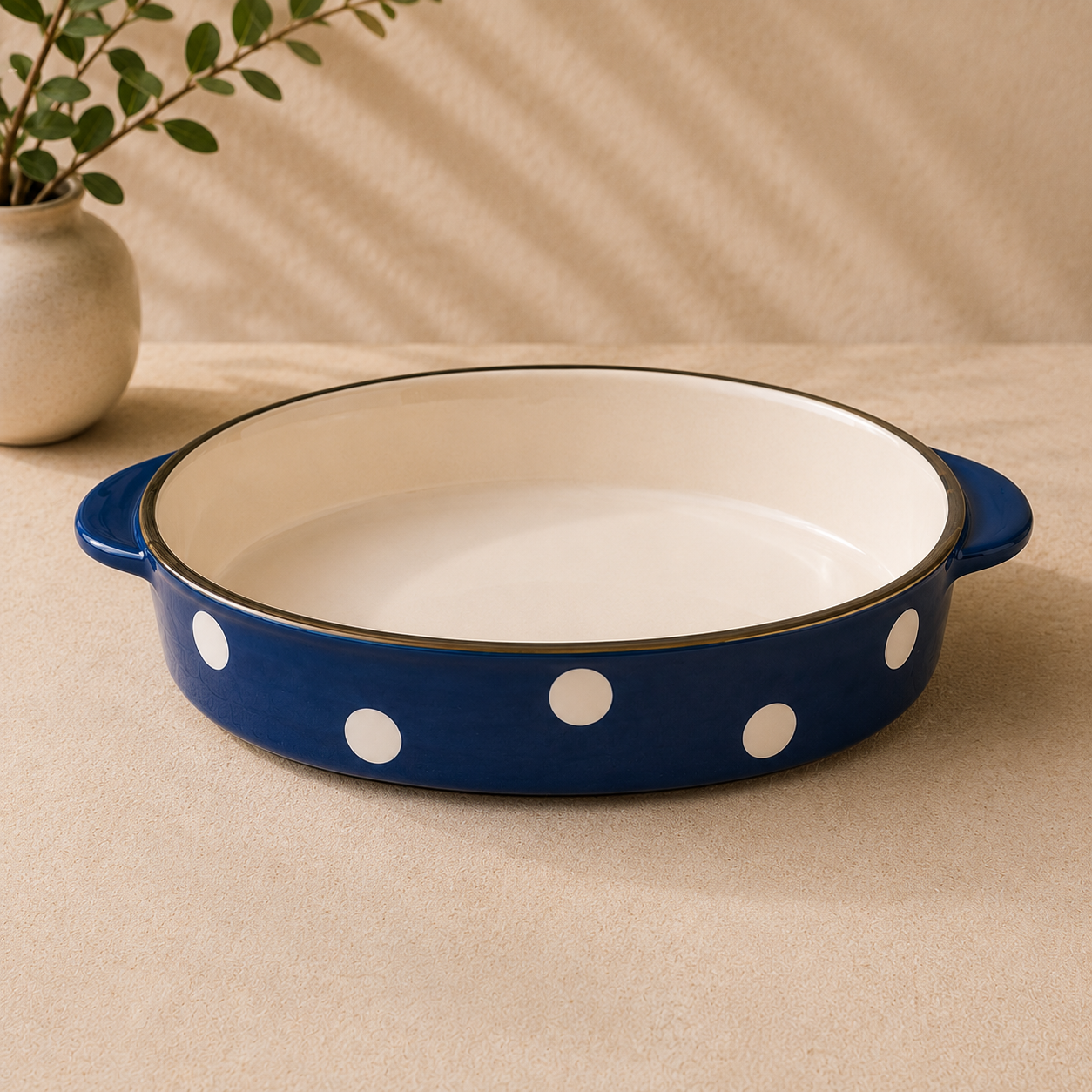 DANNY HOME 13.25-Inch Oval Ceramic Baking Dish with Handles | Blue Polka Dot Oven-to-Table Casserole & Bakeware