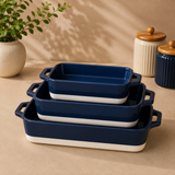 DANNY HOME 3-Piece Rectangular Porcelain Baking Dish Set with Handles | 19cm, 26cm & 31cm Navy Blue Oven-to-Table Bakeware