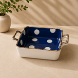 DANNY HOME 7-Inch Square Ceramic Baking Dish with Handles | Blue Polka Dot Oven-to-Table Casserole & Bakeware