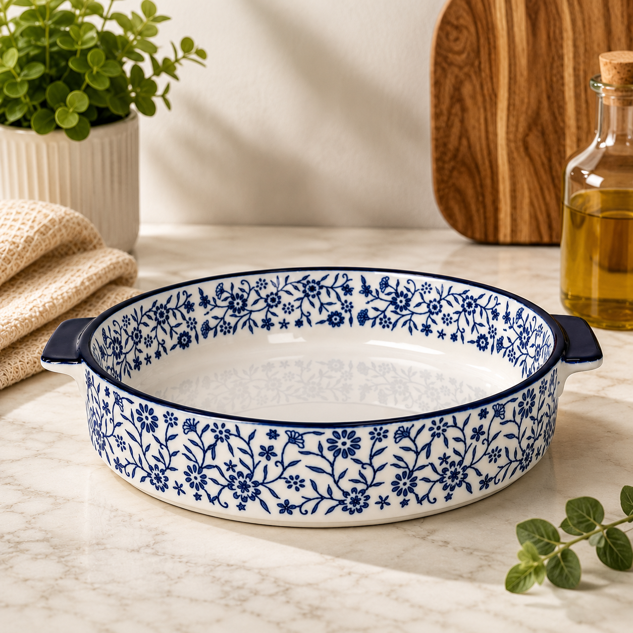 DANNY HOME 8-Inch Oval Ceramic Baking Dish with Handles | Blue Floral Oven-to-Table Casserole Bakeware