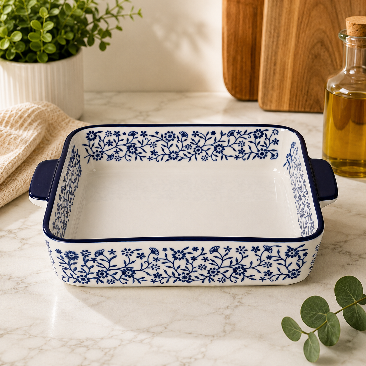 DANNY HOME 8-Inch Rectangular Ceramic Baking Dish with Handles | Blue Floral Oven-to-Table Casserole Bakeware