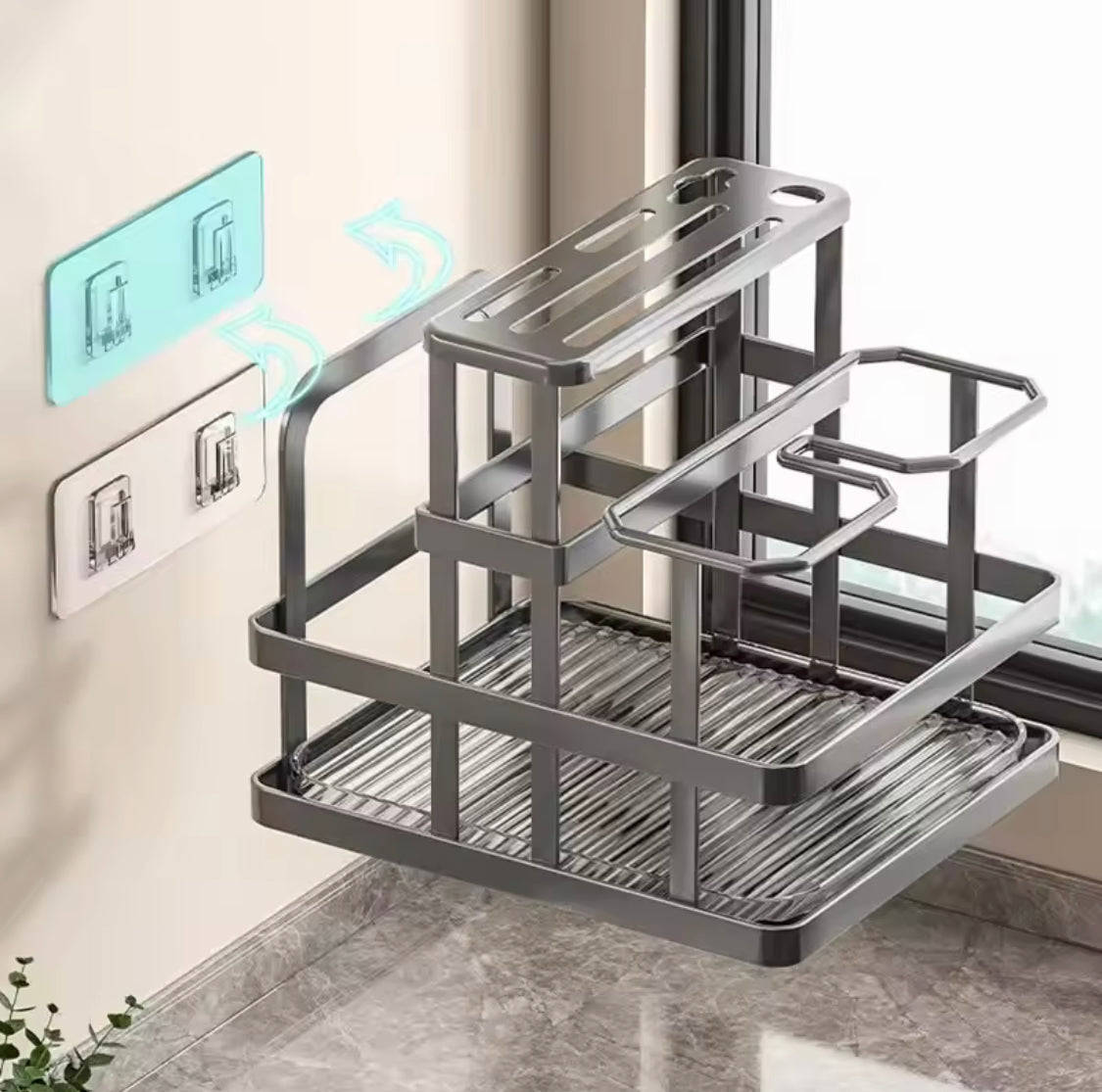 Wall Mounted Cutlery Organizer, Cutlery Organizer With Drain Shelf, Metal Drain Storage Rack