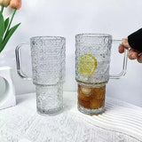 Durable Transparent Glass Water Cup With Handle, Diamond Pattern Glass Drinking Cup, Portable Large Capacity Glass Straw Cup