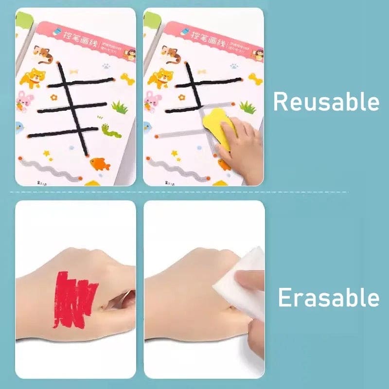 Level 1 Magical Tracing 32 Pages Work Book With Pen, Reusable Calligraphy Copy Book, Practice Drawing Book, Kids Educational Learning Book, Logic Thinking Training Notebook, Practice Copy Control Training Book