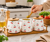Ceramic Canister Set with Wooden Lid And Tray, Vintage Cherry Dot Canister Set, Ceramic Cherry Canister with Bamboo Lid