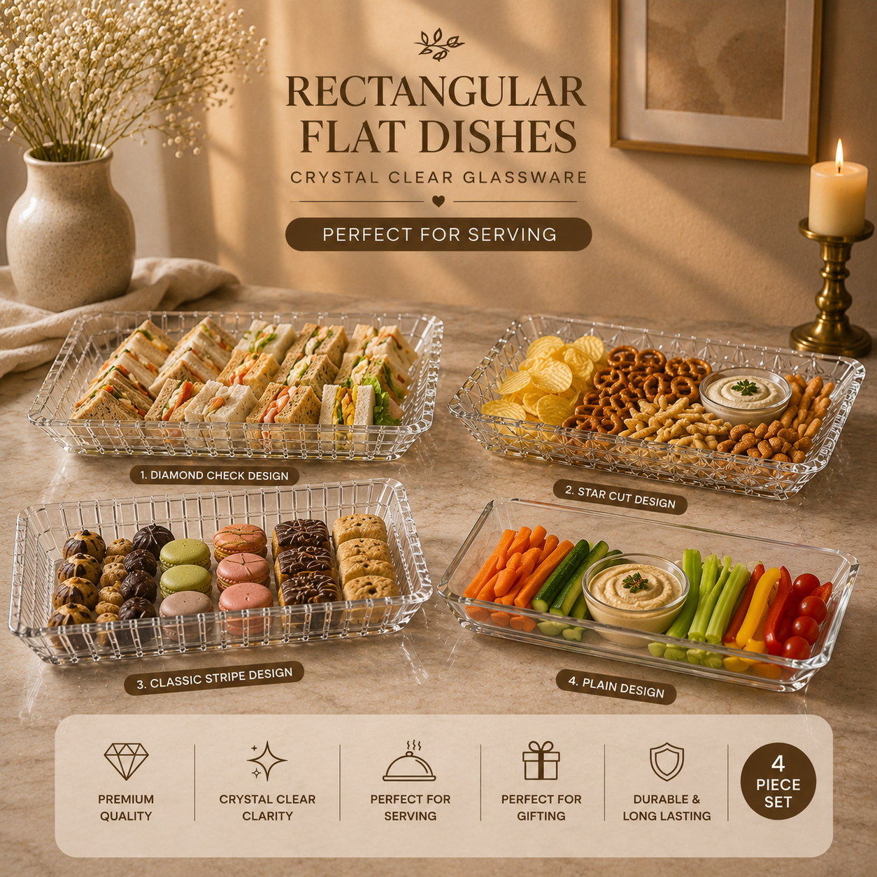 DELISOGA Rectangular Glass Serving Dish | Crystal-Cut Serving Tray for Snacks, Desserts, Fruits & Table Serving