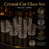 DELISOGA Set of 6 Crystal-Cut Glass with Gold Rim | 340ml Premium Drinking Glasses for Water, Juice & Cocktails
