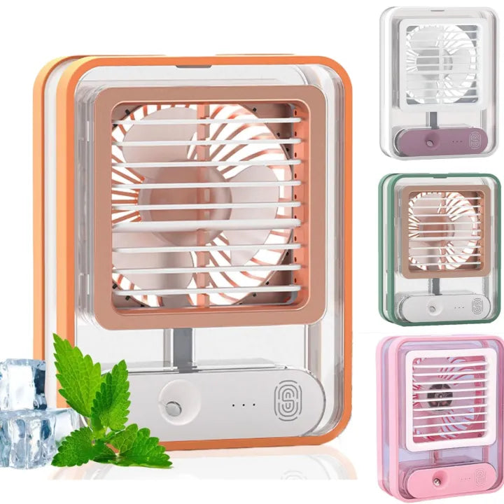 Mini Desktop Air Cooler Fan with Mist Spray & LED Light – Rechargeable USB Cooling Fan
