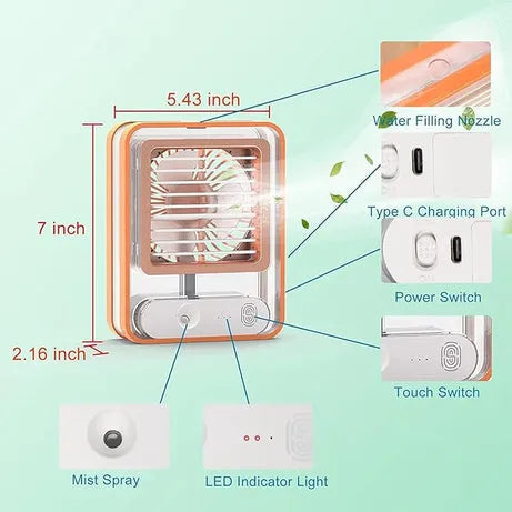 Mini Desktop Air Cooler Fan with Mist Spray & LED Light – Rechargeable USB Cooling Fan