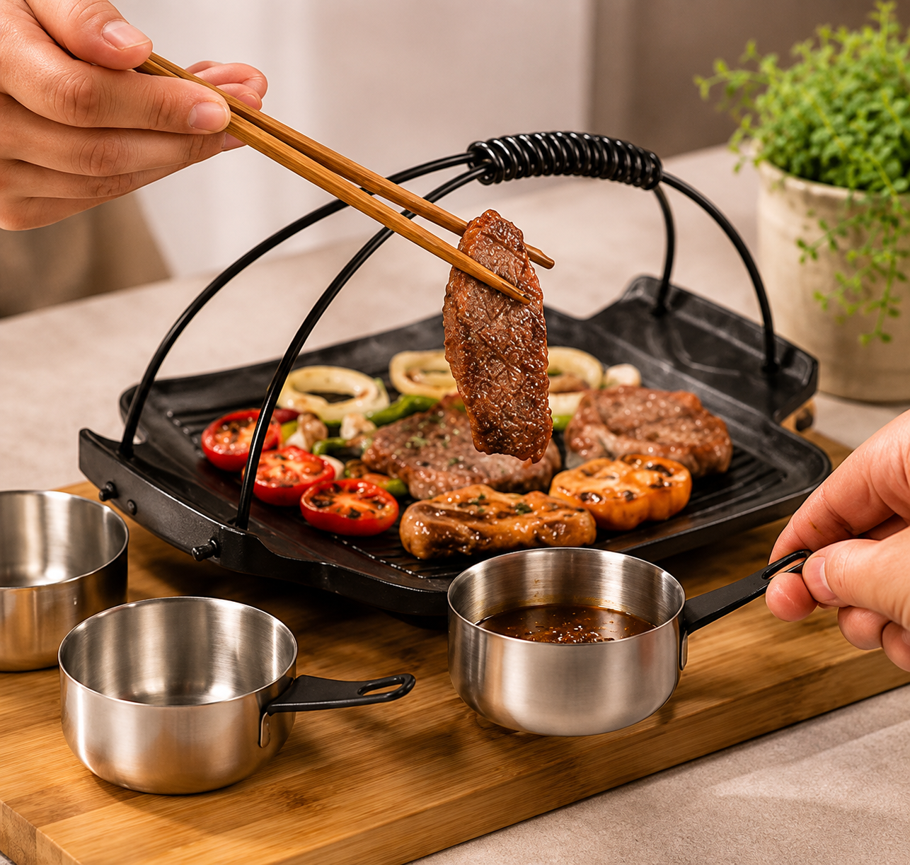 Tabletop Steak Grill Plate with Bamboo Serving Board, 
Korean BBQ Grill Plate Set With Sauce Cups, Steak Grill Plate with Bamboo Tray And Sauce Cups, Portable Korean BBQ Grill Pan Serving Set