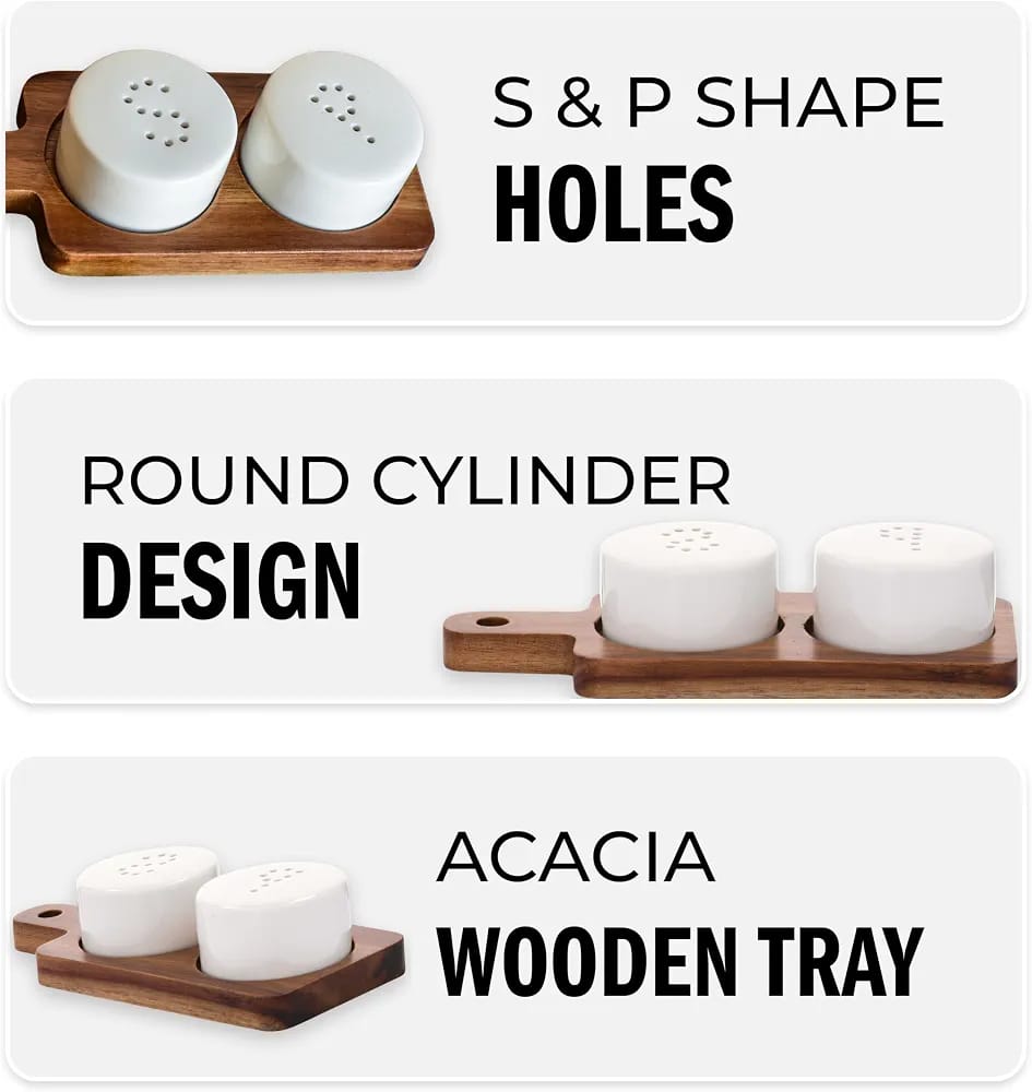 Danny Home Ceramic Salt & Pepper Shaker Set with Acacia Wooden Tray