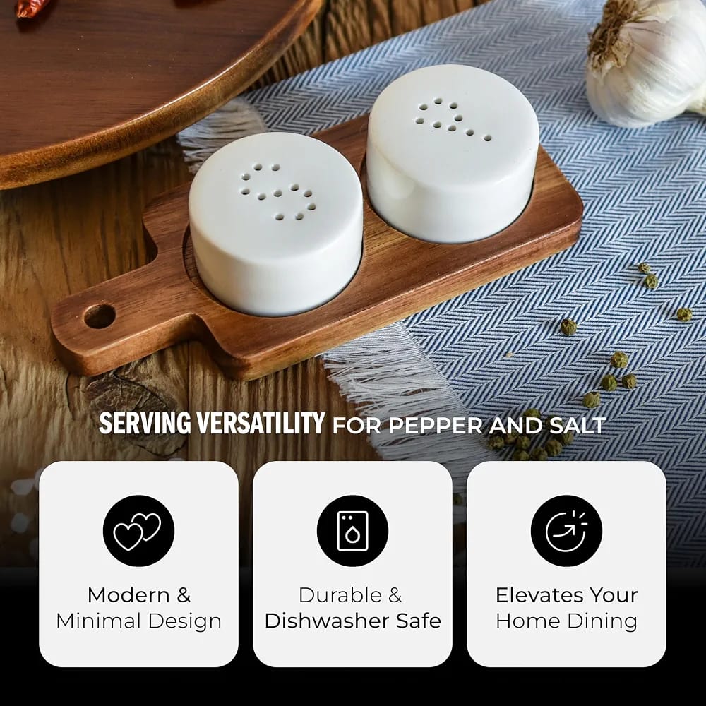 Danny Home Ceramic Salt & Pepper Shaker Set with Acacia Wooden Tray