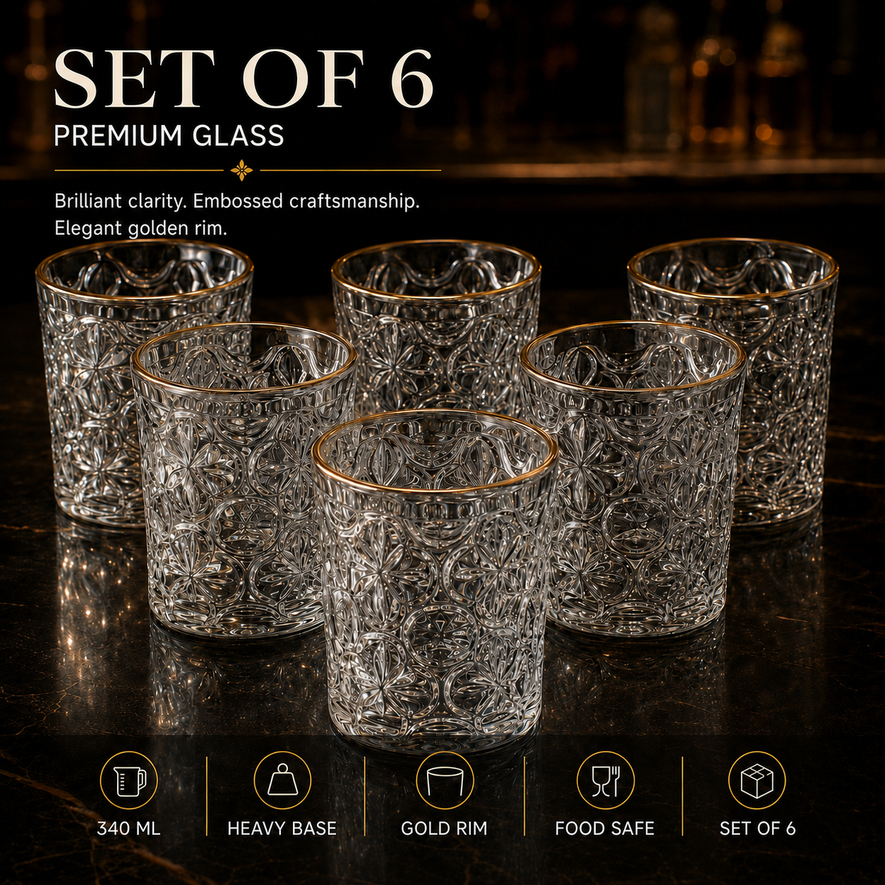 Delisoga Set of 6 Embossed Glass with Gold Rim | 340ml Premium Drinking Glasses for Water, Juice, Whisky & Cocktails