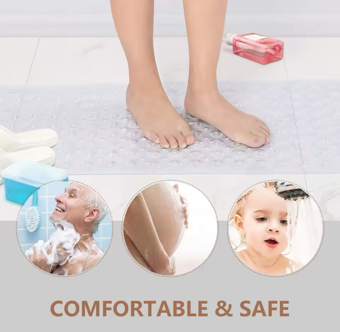 Rectangle PVC Anti Skid Bath Mat, Soft Shower Bathroom  Mat, Suction Cup Non Slip Bathtub Carpet