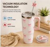 1200ml Bow Design Insulated Tumbler, Cute Bow Print Stainless Steel Tumbler, Cute Girly Bow Print Thermal Cup, Bow Pattern Thermal Travel Mug