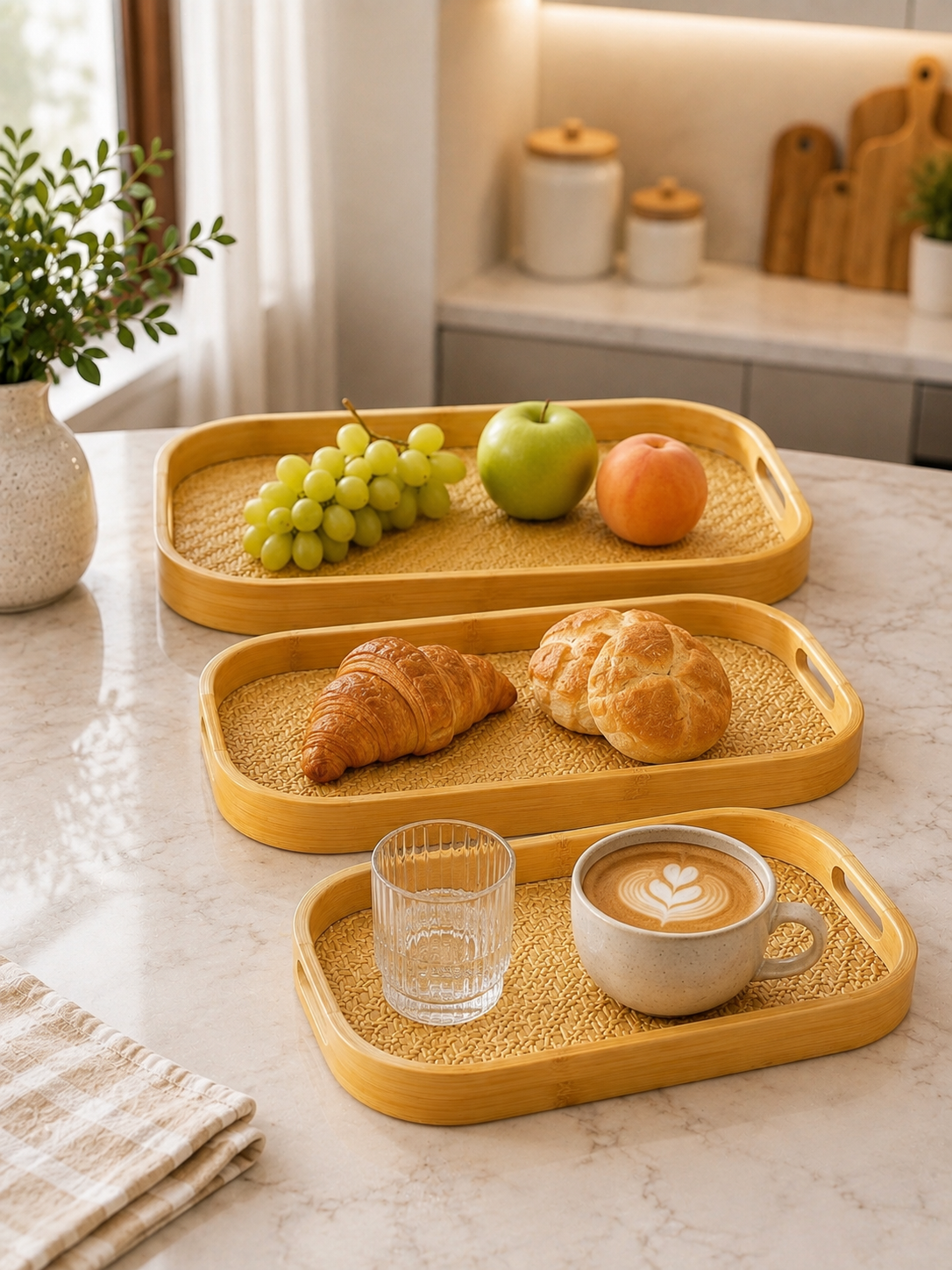3pcs Bamboo Serving Tray Set,     Bamboo Serving & Display Tray Set,     Woven Design Bamboo Serving Trays, Natural Bamboo Breakfast & Serving Tray Set