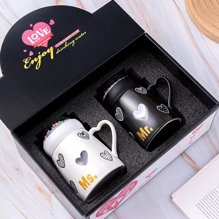 Mr Mrs Mug With Globe Lid, 500ml Large Capacity Couple Mug, Ceramic Coffee With Snow Ball Cap
