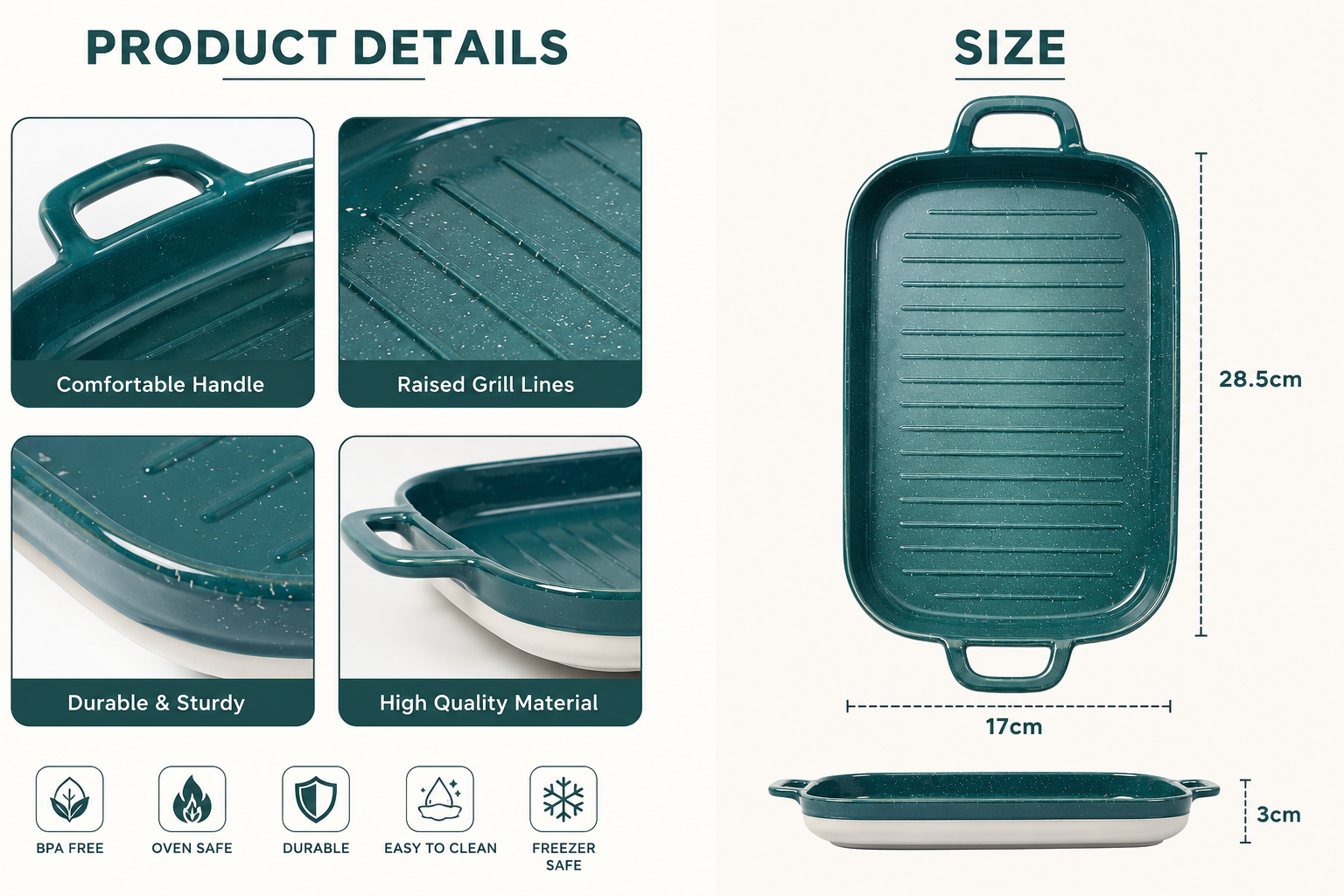 Ceramic Baking And Serving Tray, Deep Ceramic Baking Dish with Side Handles, Heavy Duty Ceramic Baking Tray with Raised Grill Ridges