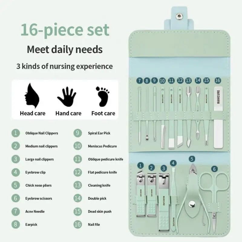 Set Of 16 Nail Clipper, Stainless Steel Manicure Kit With Folding Bag, Professional Pedicure  Beauty Tools Set, Cuticle Trimmer Manicure Scissors Nail Care Ingrown Toenail Removal Clippers, Foot Care Tool Nail Clippers Kit