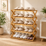 Bamboo X-Fold Shoe Stand, Premium Foldable Bamboo Shoe Rack, Smart Fold Shoe Organizer, Natural Bamboo Folding Shoe Stand
