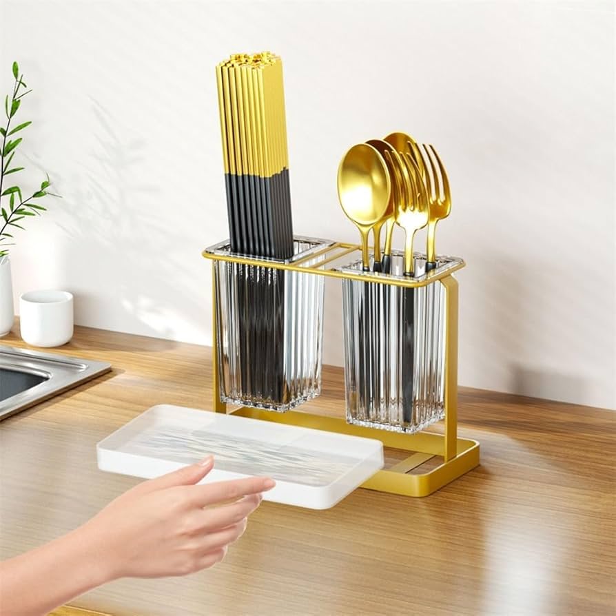 Acrylic Double Cutlery Holder With Metal Stand, Luxury 2 Grid Cutlery Holder, Stylish Cutlery Holder With Metal Stand