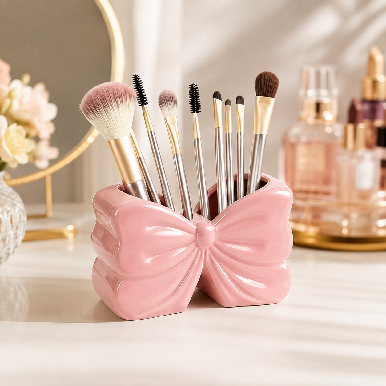 Elegant Bow Shape Cosmetic Brush Organizer, Decorative Beauty Brush Holder, Dual Purpose Ceramic Bow Organizer, Vanity Storage Holder