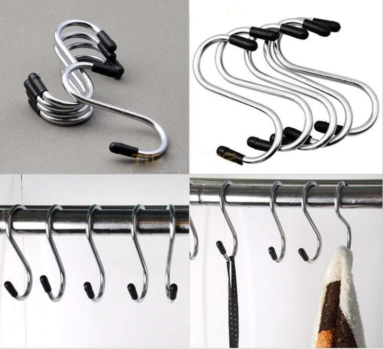 5pcs S Shaped Steel Hooks Set, Towels Hook Set, Shower Curtain Hook Rings, Kitchen Table Cloth Hanging Hook Set