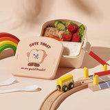 Square Toast Lunch Box, Plastic Partition Bento Box with Lid, Kids School Lunch Box, Snack Food Storage Container, 3 Grids Lunch Box with Cutlery, Cartoon Toast Pattern Students Bento Case for School Office