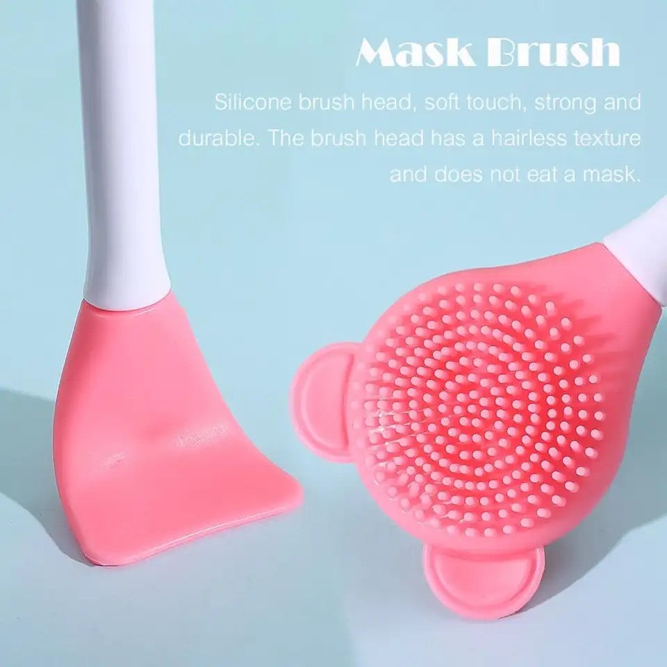 Bear Double Head Face Brush, Silicone Mud Film Facial Brush, Multifunctional Long Handle Silicone Applicator Women, Face Mask Cream Sticks Brush, Facial Mask Applicator, Makeup Removal Scrubber,  Portable Salon Spa Facial Cleansing Brush