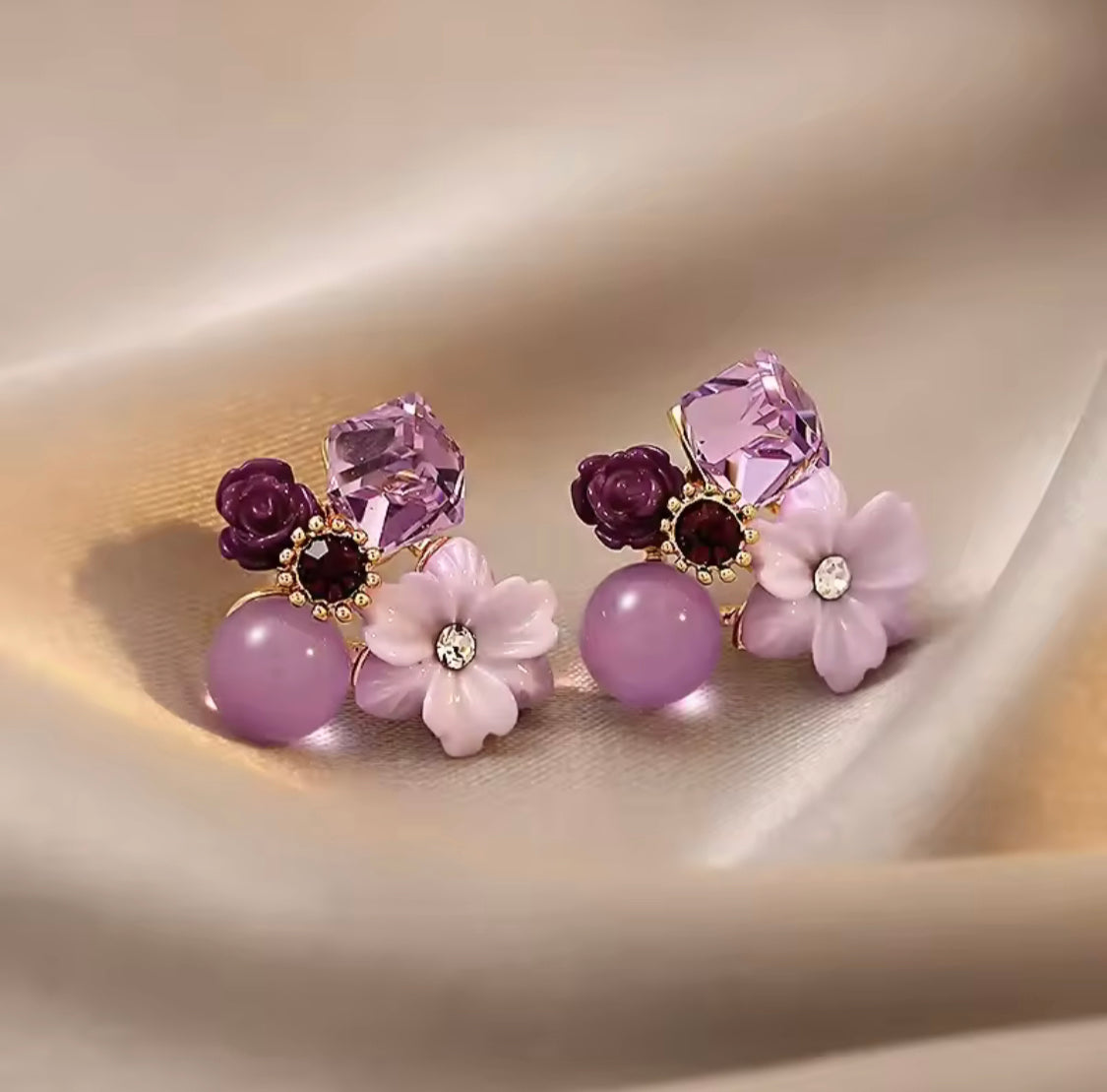 Crystal Purple Flower Beads Stud Earrings, Small Simple Earrings, Purple Floral Design Studs Earrings, Jewellery Accessories