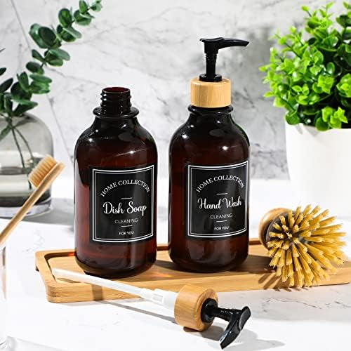 2pcs Bathroom Hand Soap Dispenser With Bamboo Tray, Kitchen Dish Soap Dispenser, Empty Facial Cleanser Refillable Bottle, Hand Sanitizer Press Subpack Bottle