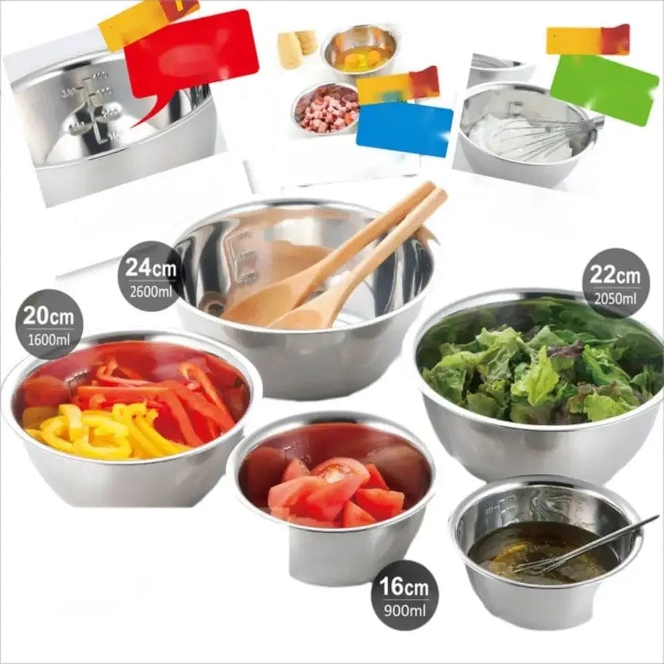 Set Of 5 Metal Mixing Bowls, Non Slip Nesting Whisking Bowls Set, Mixing Bowls For Salad Cooking Baking Food Container, Stackable Portable Cooking Nesting Storage Bowls For Home Kitchen Outdoor Camping, Rust-proof Food Storage Prep Bowl