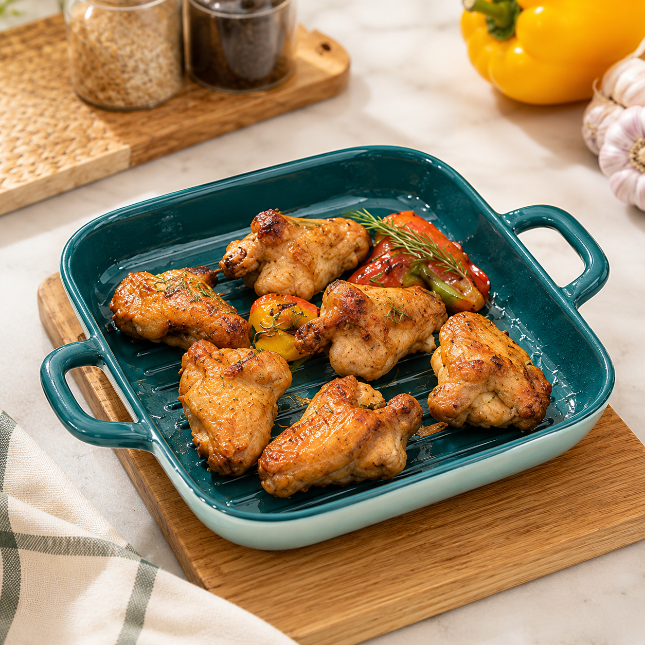 Ceramic Baking And Serving Tray, Deep Ceramic Baking Dish with Side Handles, Heavy Duty Ceramic Baking Tray with Raised Grill Ridges