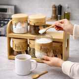 6 Pcs Glass Jar Set with Bamboo Rack, Seasoning Bottle Spice Jars, Coffee Tea Sugar Pot, Multifunctional Leak Proof Transparent Wide Caliber Canister, Multifunction, Kitchen Cereal Dispenser