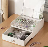 Multi Compartment Jewelry Storage Box with Mirror, Vanity Jewelry Organizer with Drawer & Mirror, Double Layer Jewelry Storage Box