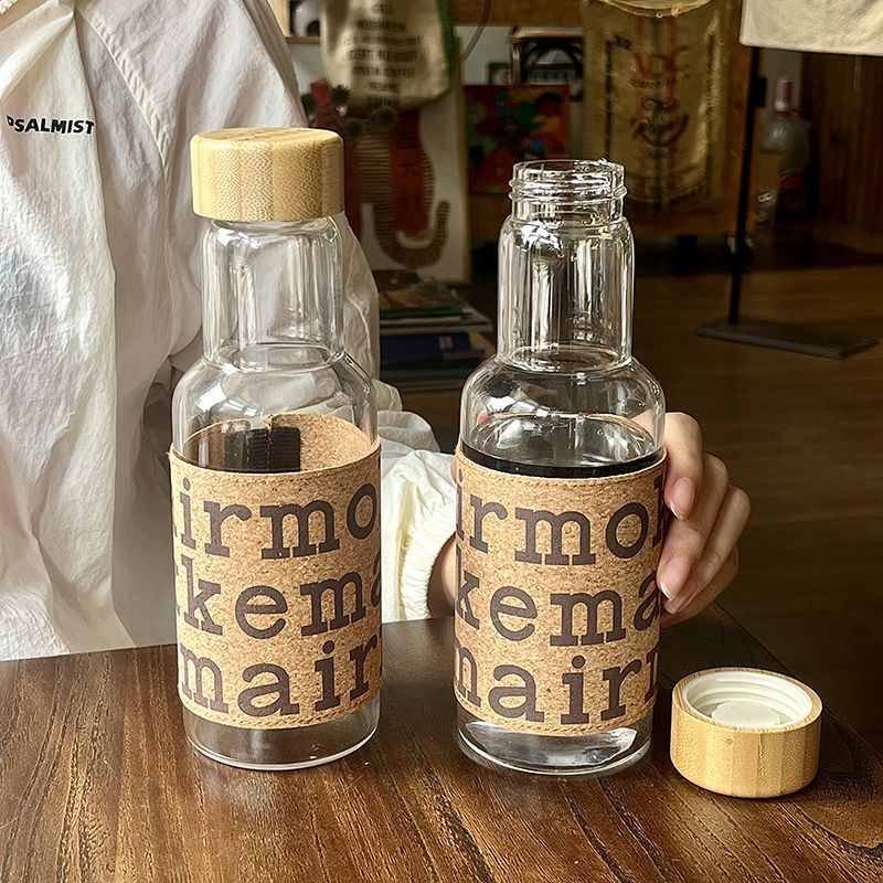Leather Sticker Water Bottle, Marimekko Oiva Drinking Bottle, 450ml Retro Glass High-value Coffee Bottle, High Temperature Resistant Portable Water Glass Bottle