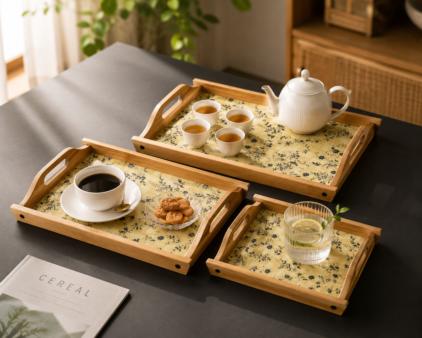 3Pcs Bamboo Serving Trays with Handles, Multipurpose Bamboo Serving Tray Set, Classic Bamboo Tray Collection, Bamboo Kitchen & Serving Tray Set