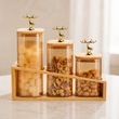 Luxury 3pcs Deer Handle Glass Storage Jar Set, Decorative Ribbed Glass Storage Jars With Rack,     Elegant Deer Knob Storage Jar Set