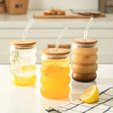 Bubble Glass Tumbler with Lid and Straw, Iced Coffee Mug With Straw With Wooden Lid, Drinking Cup With Lid And Straw