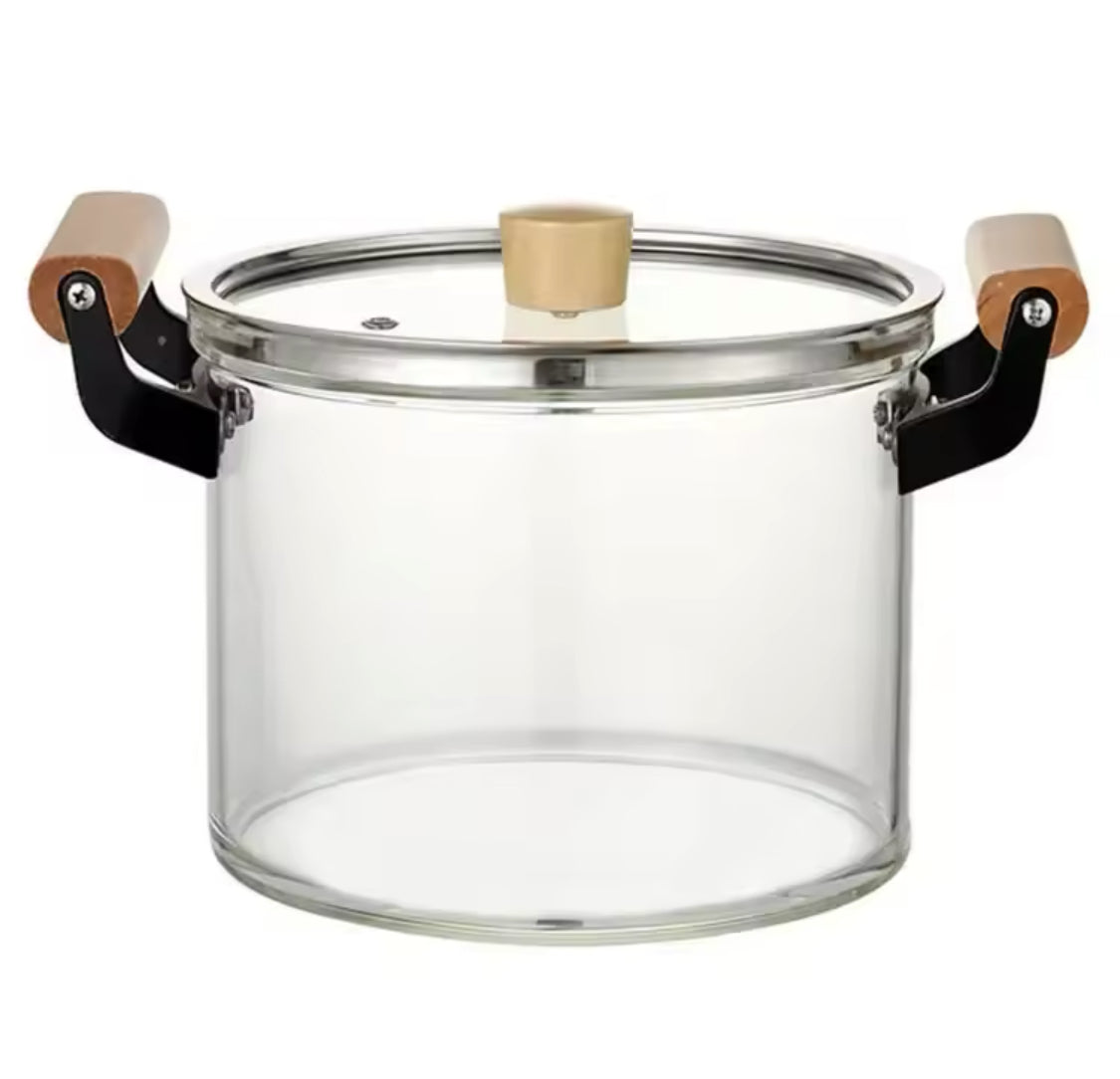 Transparent Cooking Pot With Wooden Handle, Heat Resistant  Glass Pot, Kitchen Cookware Pot