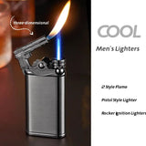 Gun Dual Flame Lighter, Rocker Arm Shape Lighter, Metal Inflatable Double Fire Lighter, Windproof Jet Turbo Lighter, Metal Double Flame Lighter, Open Fire Conversion Lighter, Creative Double Fire Flame Lighter, Butane Cigarette Lighter