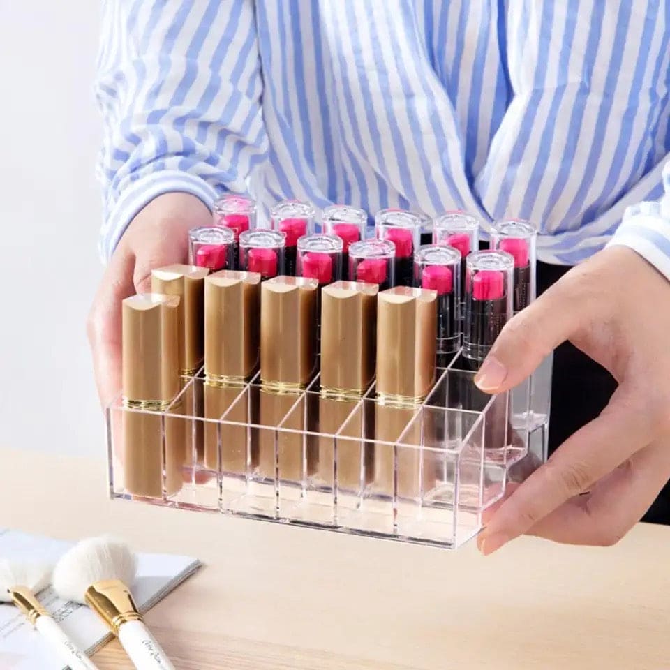 24 Grid Lipstick Holder, Acrylic Lipstick Nail Polish And Jewellery Display Rack, Visible Clear Cosmetic Makeup Brush Stand, Reusable Beauty Organizer, Large Capacity Clear Vanity Versatile Usage Makeup Storage Case