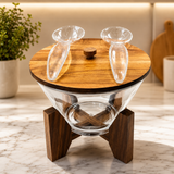 Wooden Stand Glass Salad Bowl, Luxury Glass Salad Serving Bowl, Elegant Glass Salad Bowl With Wooden Base