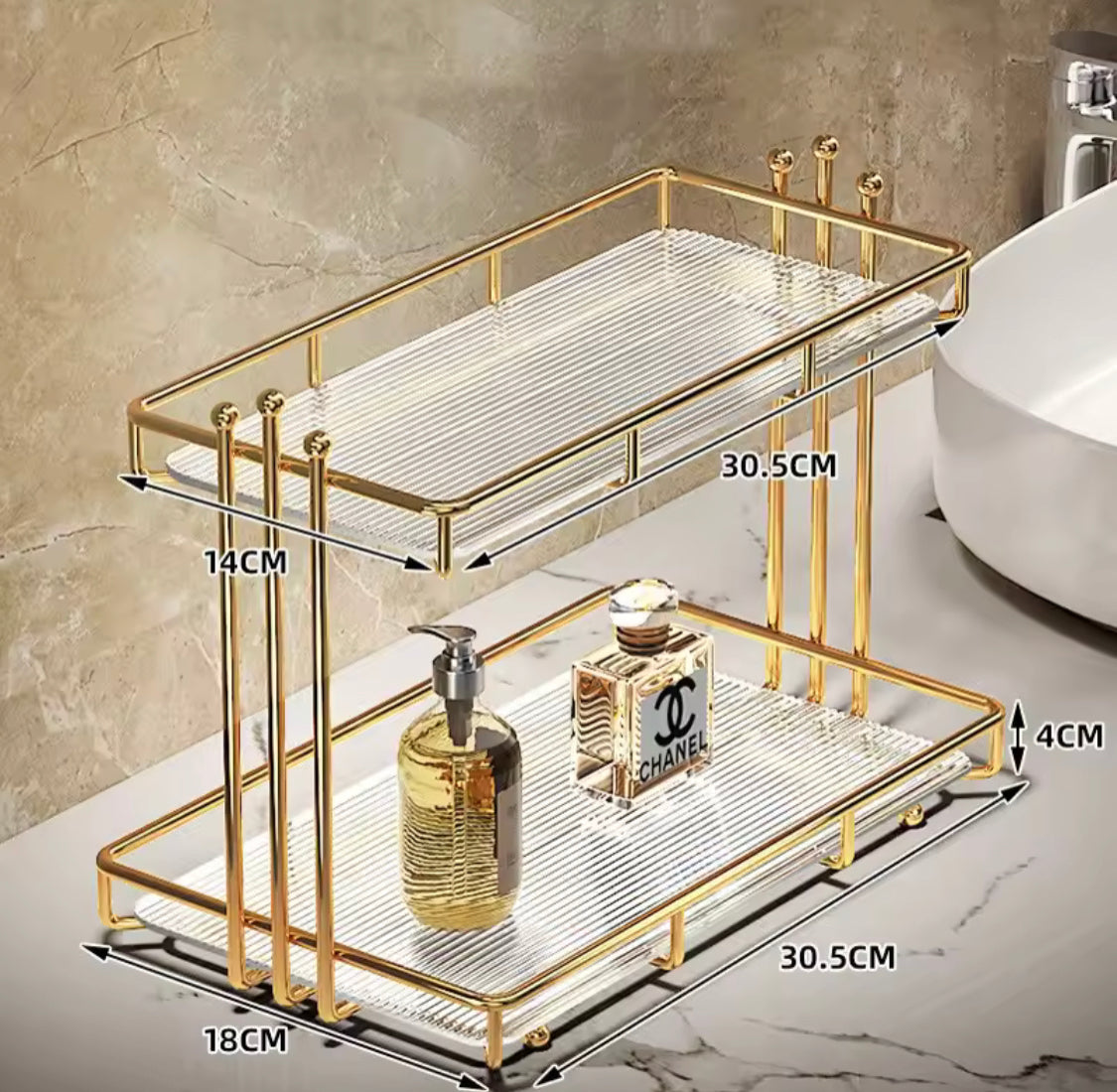 2 Tier Acrylic Bathroom Organizer Shelf, Waterproof Makeup Storage Rack, Desktop Cosmetic Lipstick Skincare Shampoo Holder Home